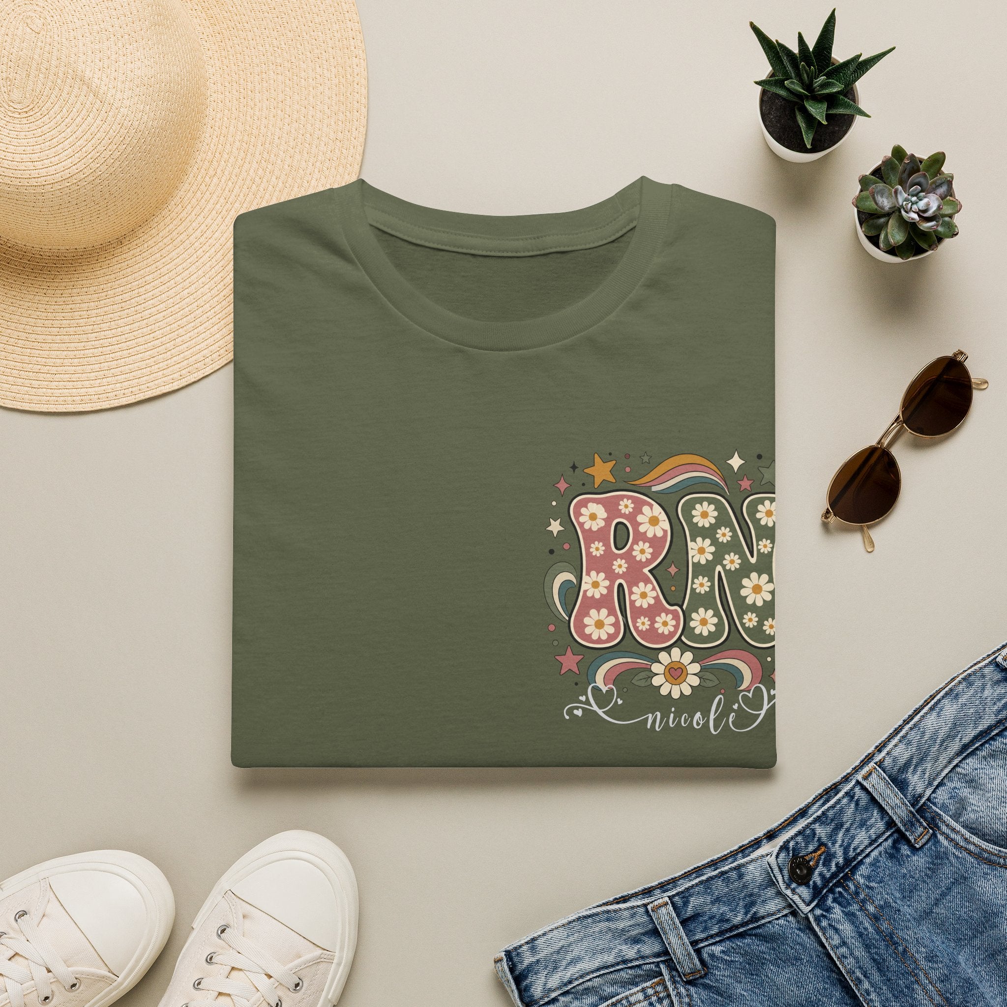 Custom Pocket Retro Floral RN T-Shirt