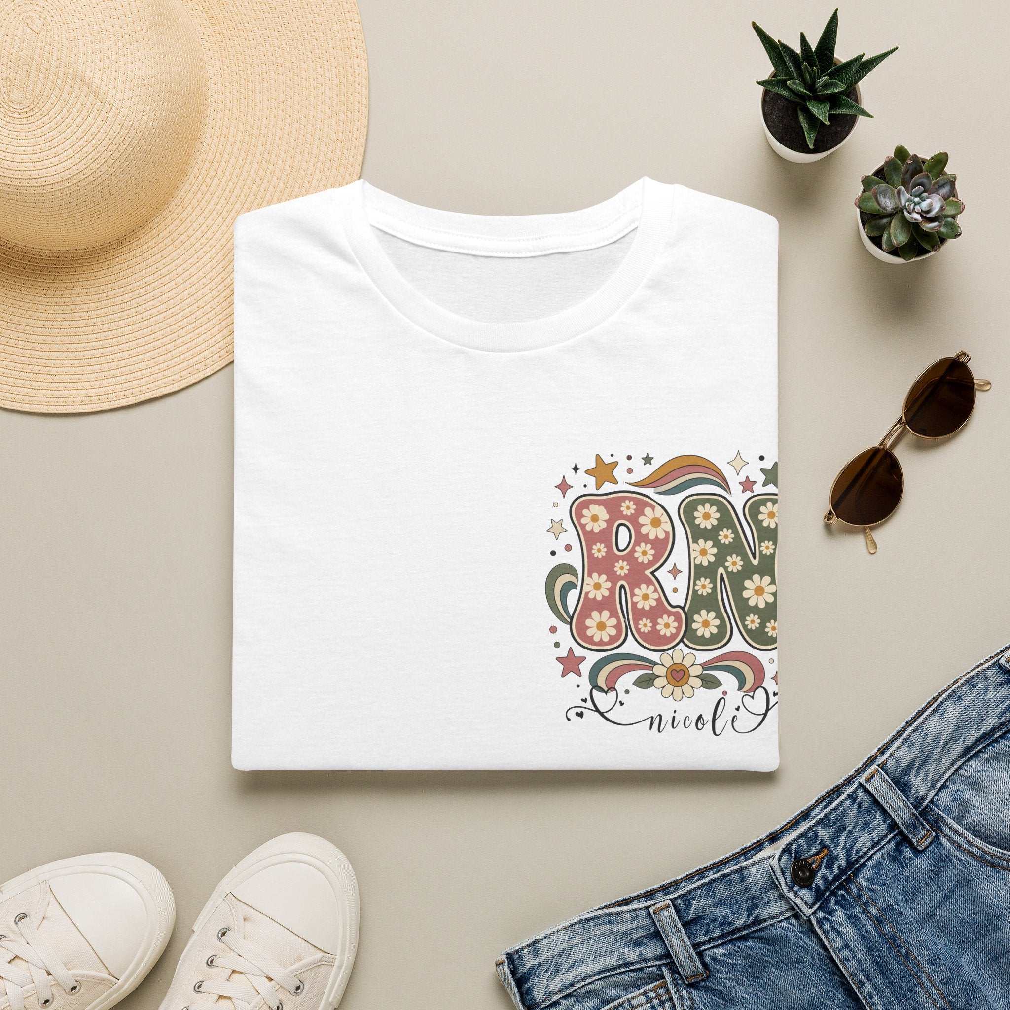 Custom Pocket Retro Floral RN T-Shirt
