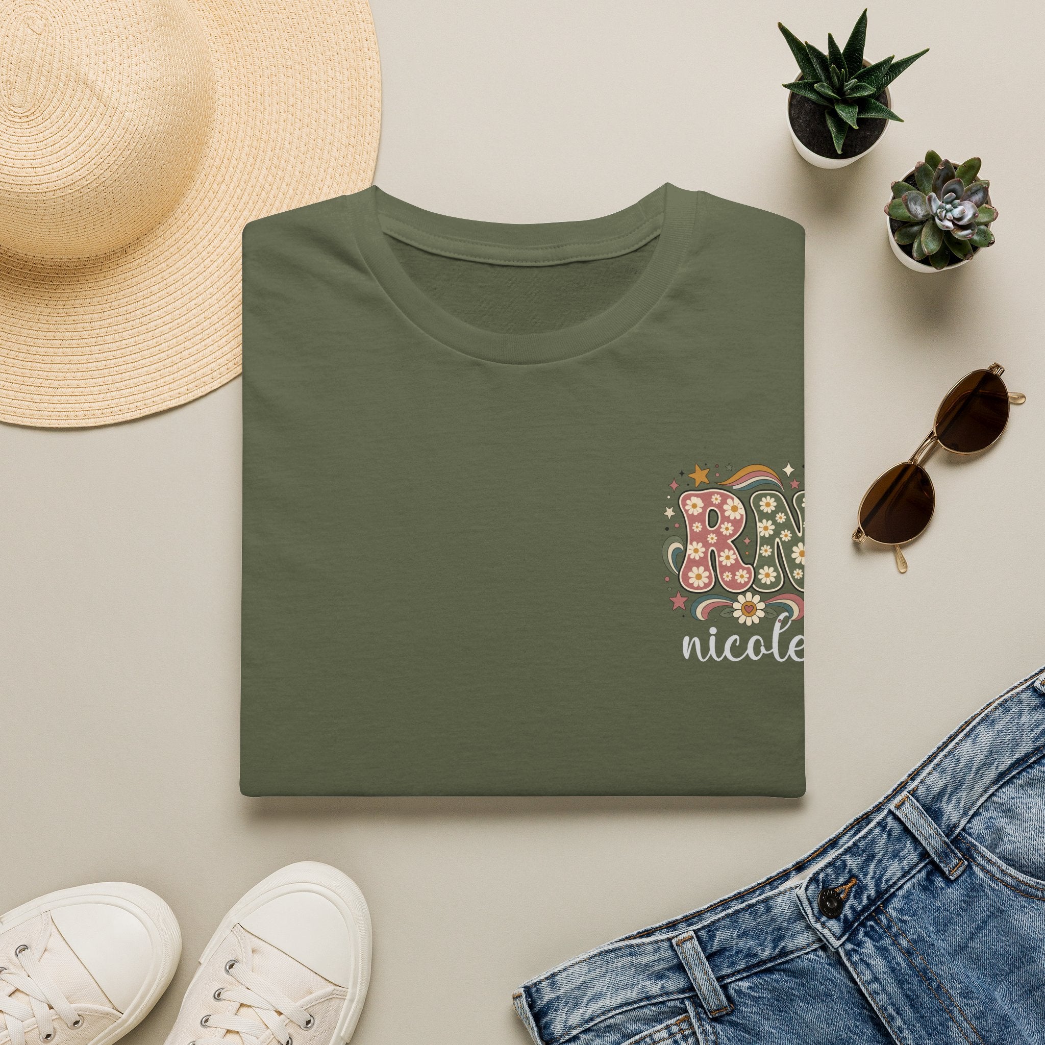 Custom Pocket Retro Floral "RN" T-Shirt