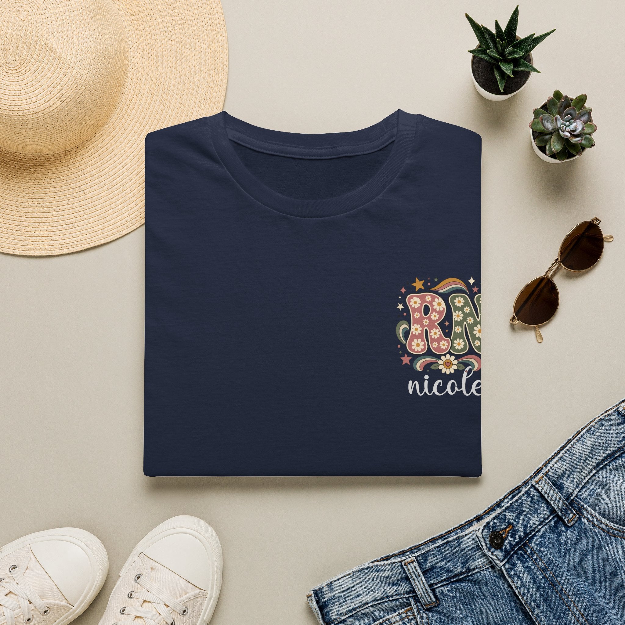 Custom Pocket Retro Floral "RN" T-Shirt