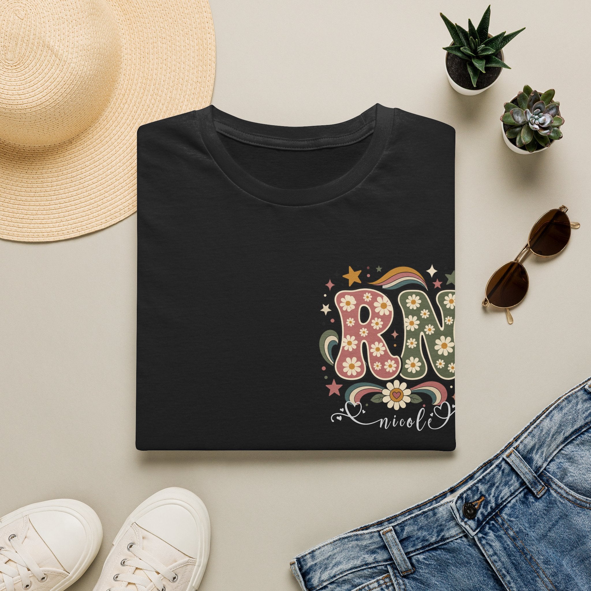 Custom Pocket Retro Floral RN T-Shirt