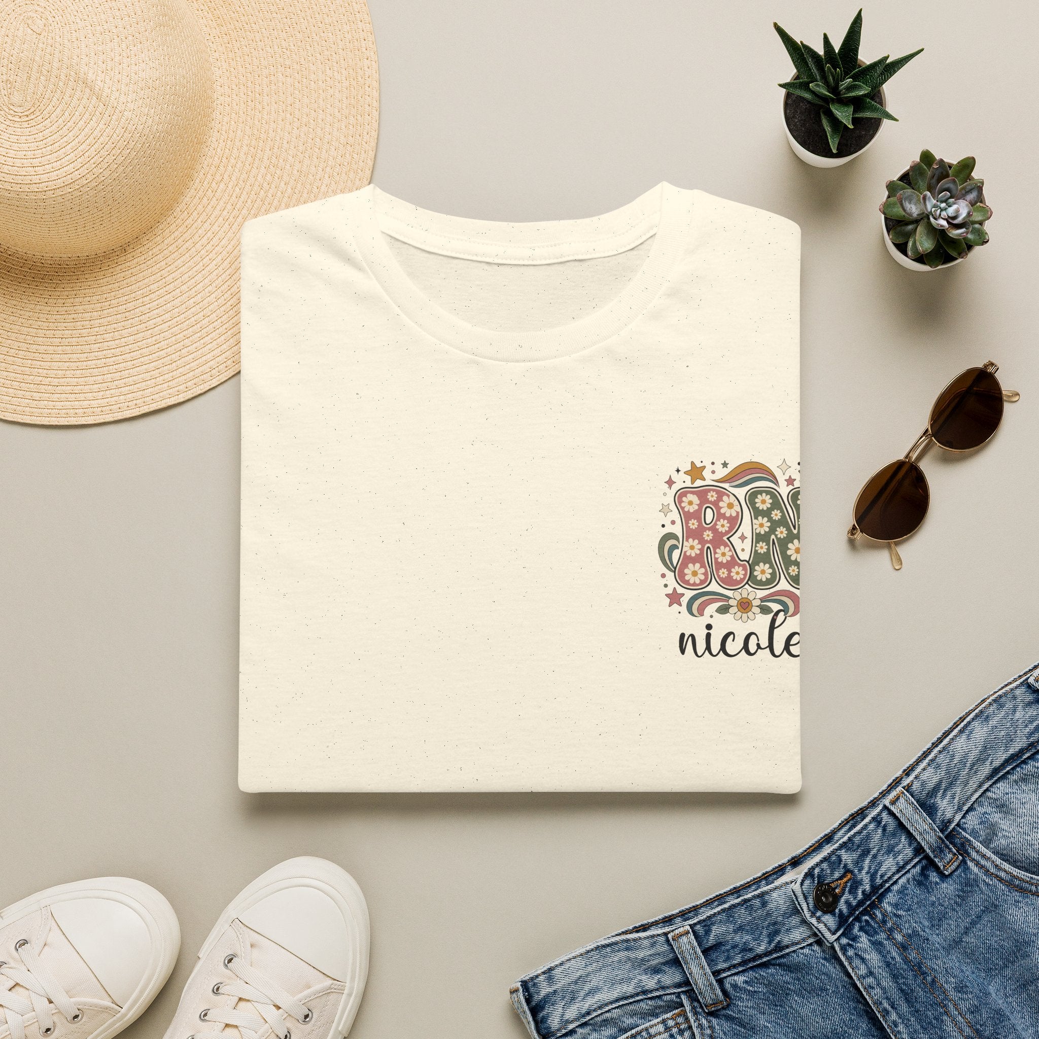 Custom Pocket Retro Floral "RN" T-Shirt