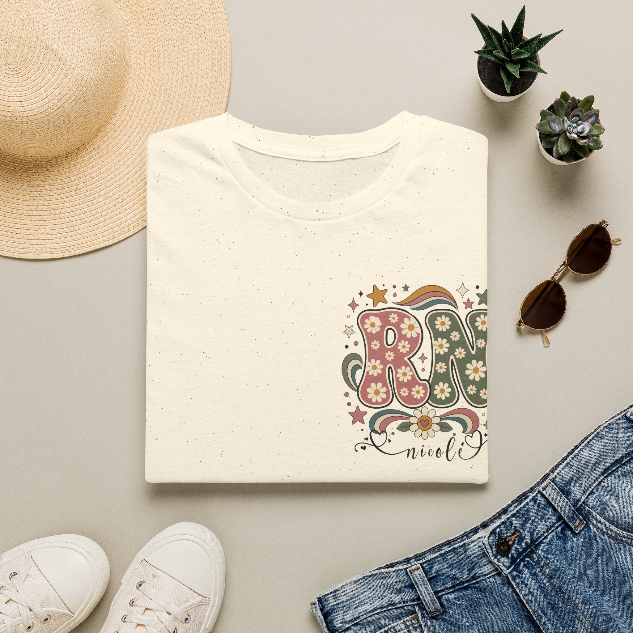 Custom Pocket Retro Floral RN T-Shirt