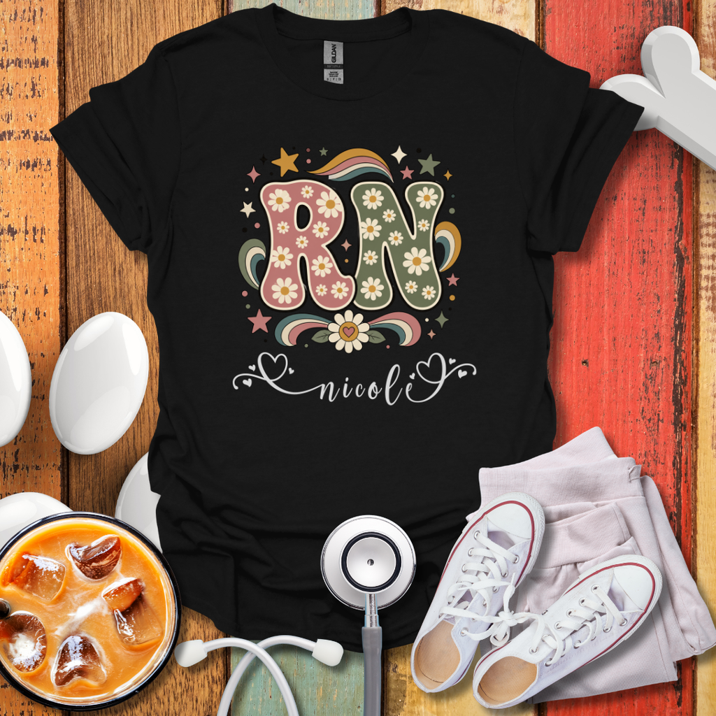 Custom Retro Floral "RN" Initial T-Shirt
