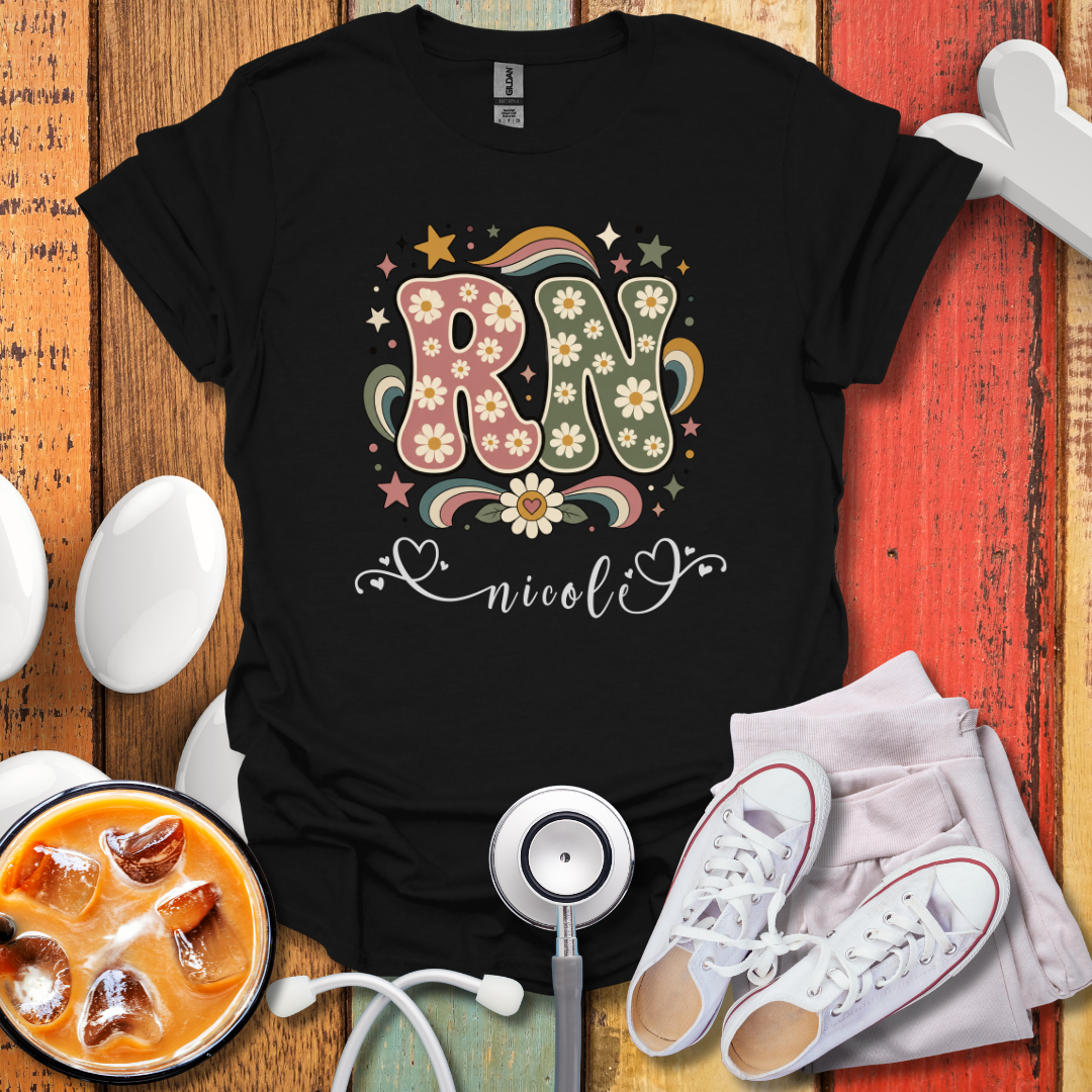 Custom Retro Floral "RN" Initial T-Shirt