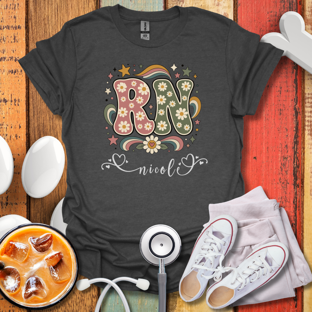 Custom Retro Floral "RN" Initial T-Shirt