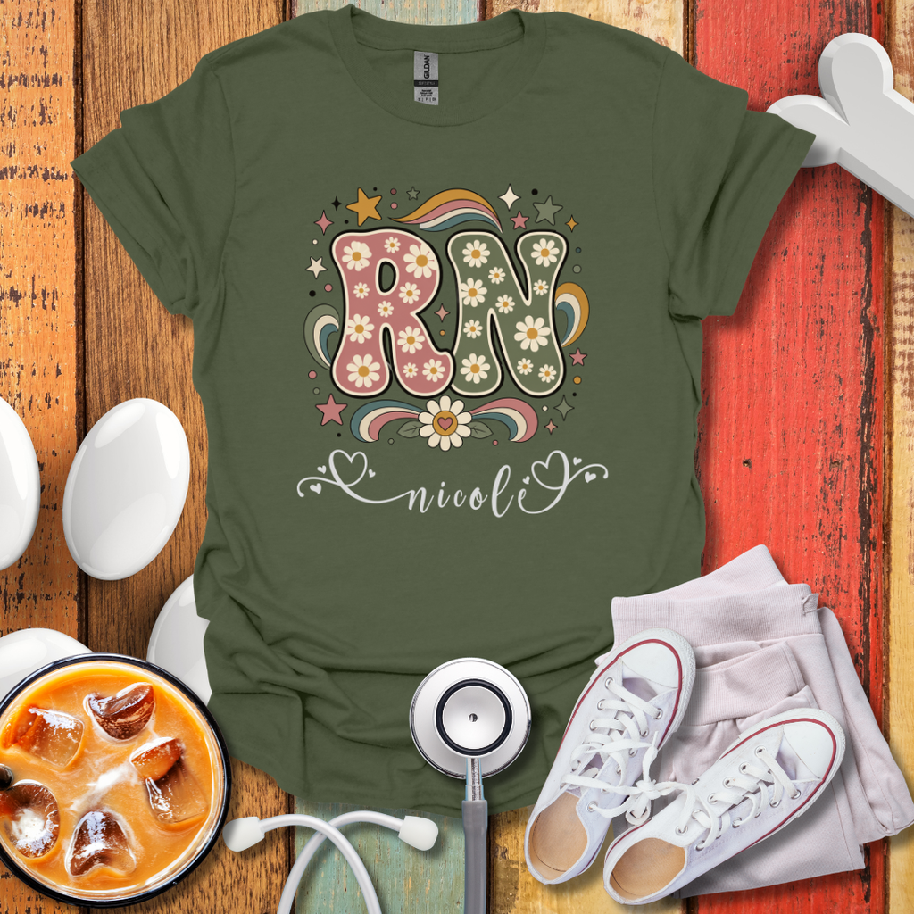 Custom Retro Floral "RN" Initial T-Shirt