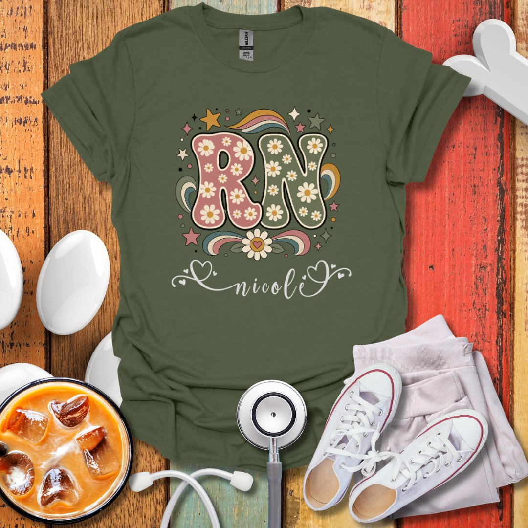 Custom Retro Floral "RN" Initial T-Shirt