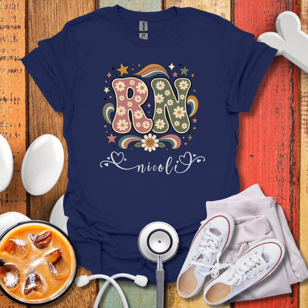 Custom Retro Floral "RN" Initial T-Shirt