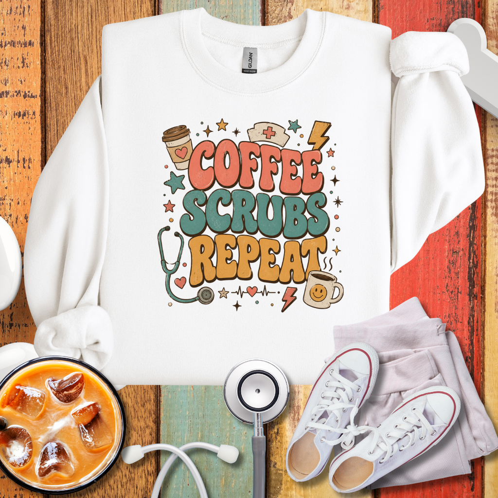 Coffee Scrubs Repeat Sweatshirt — Nurse & Medical Crewneck